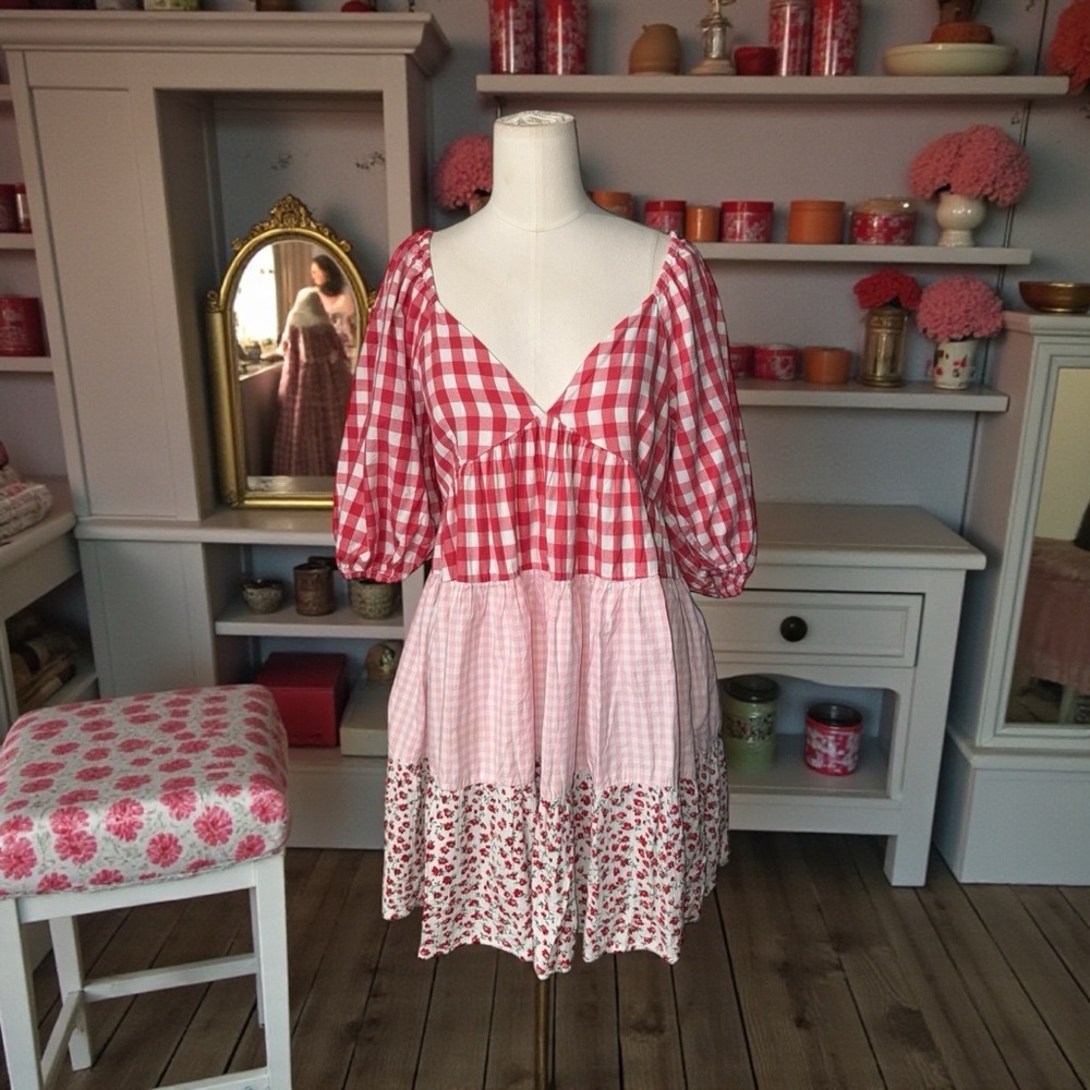 ASOS Red and Pink Mixed Gingham & Floral Tiered Mini Dress